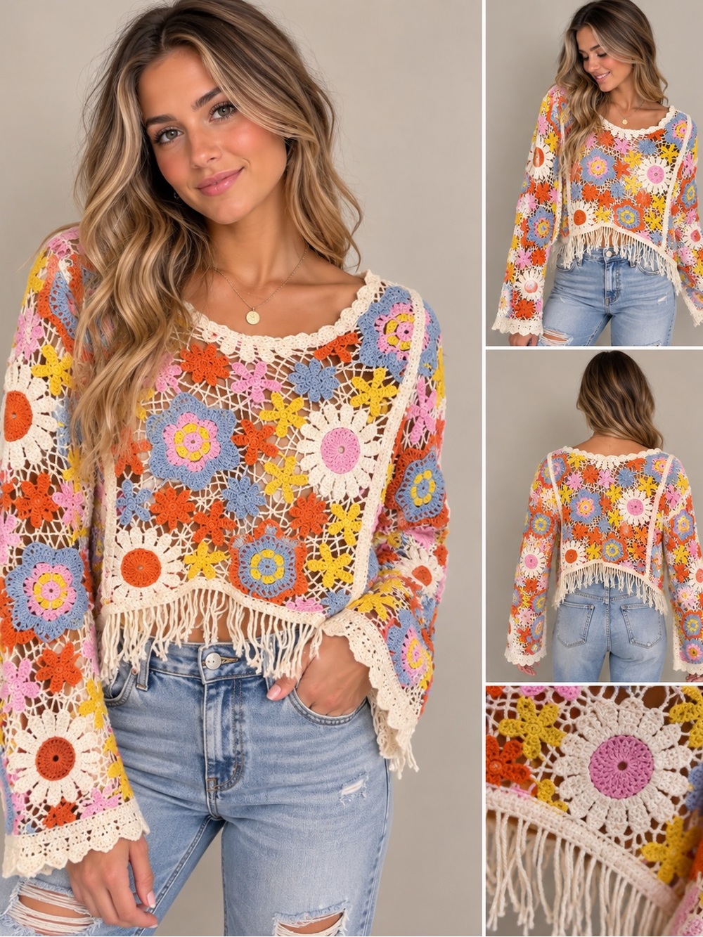 House of Harlow 1960 Multicolor Crochet Fringe Sweater